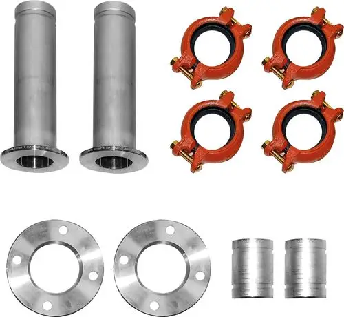 Montageset für Solewärmepumpen mit zwei silbernen Rohren, vier roten Verbindungsstücken und zwei kreisförmigen Flanschen. Passend für Bosch Modelle T720/800-2.